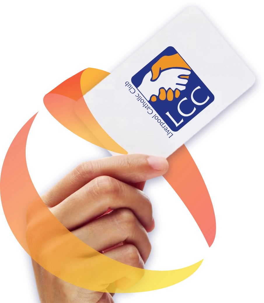 A hand holding a card with the word lcc on it.